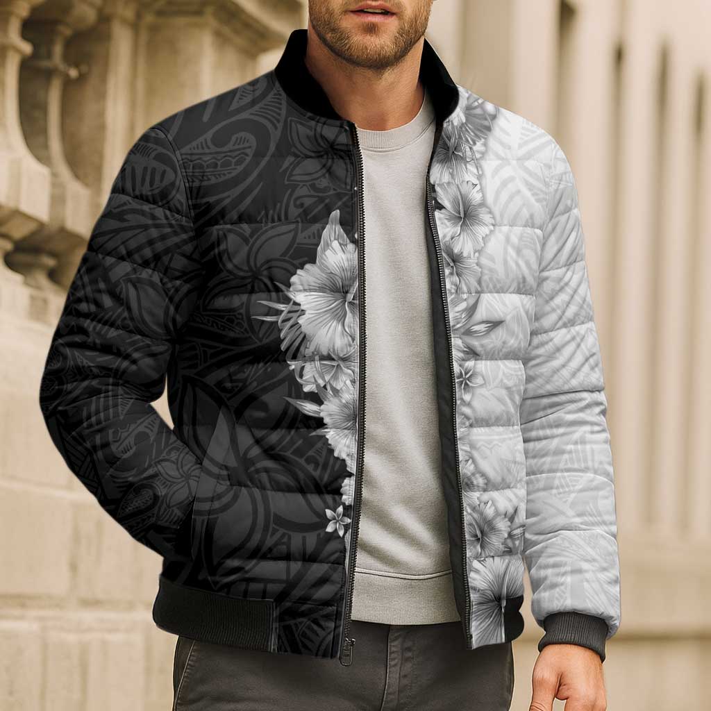 Hawaii Hibiscus Flowers Bomber Puffer Jacket Grayscale Polynesian Pattern