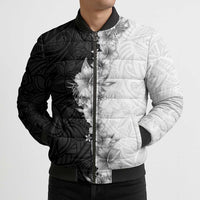Hawaii Hibiscus Flowers Bomber Puffer Jacket Grayscale Polynesian Pattern