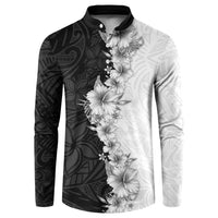 Hawaii Hibiscus Flowers Button Sweatshirt Grayscale Polynesian Pattern