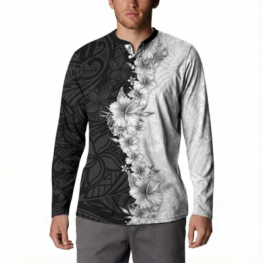 Hawaii Hibiscus Flowers Button Sweatshirt Grayscale Polynesian Pattern