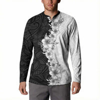 Hawaii Hibiscus Flowers Button Sweatshirt Grayscale Polynesian Pattern
