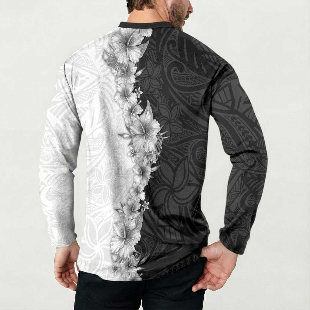 Hawaii Hibiscus Flowers Button Sweatshirt Grayscale Polynesian Pattern