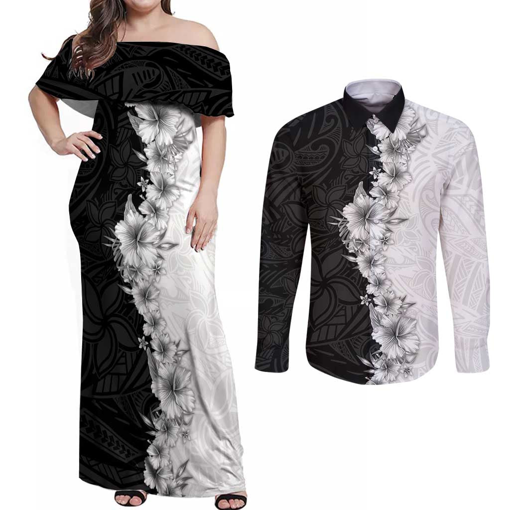 Hawaii Hibiscus Flowers Couples Matching Off Shoulder Maxi Dress and Long Sleeve Button Shirt Grayscale Polynesian Pattern LT05 Black - Polynesian Pride