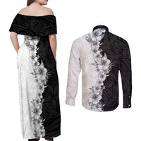 Hawaii Hibiscus Flowers Couples Matching Off Shoulder Maxi Dress and Long Sleeve Button Shirt Grayscale Polynesian Pattern LT05 - Polynesian Pride