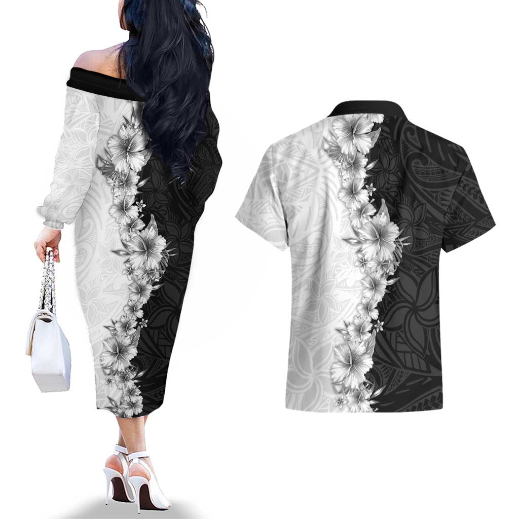 Hawaii Hibiscus Flowers Couples Matching Off The Shoulder Long Sleeve Dress and Hawaiian Shirt Grayscale Polynesian Pattern LT05 - Polynesian Pride