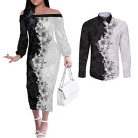 Hawaii Hibiscus Flowers Couples Matching Off The Shoulder Long Sleeve Dress and Long Sleeve Button Shirt Grayscale Polynesian Pattern