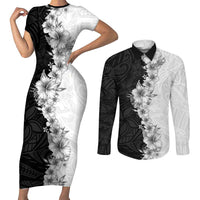 Hawaii Hibiscus Flowers Couples Matching Short Sleeve Bodycon Dress and Long Sleeve Button Shirt Grayscale Polynesian Pattern