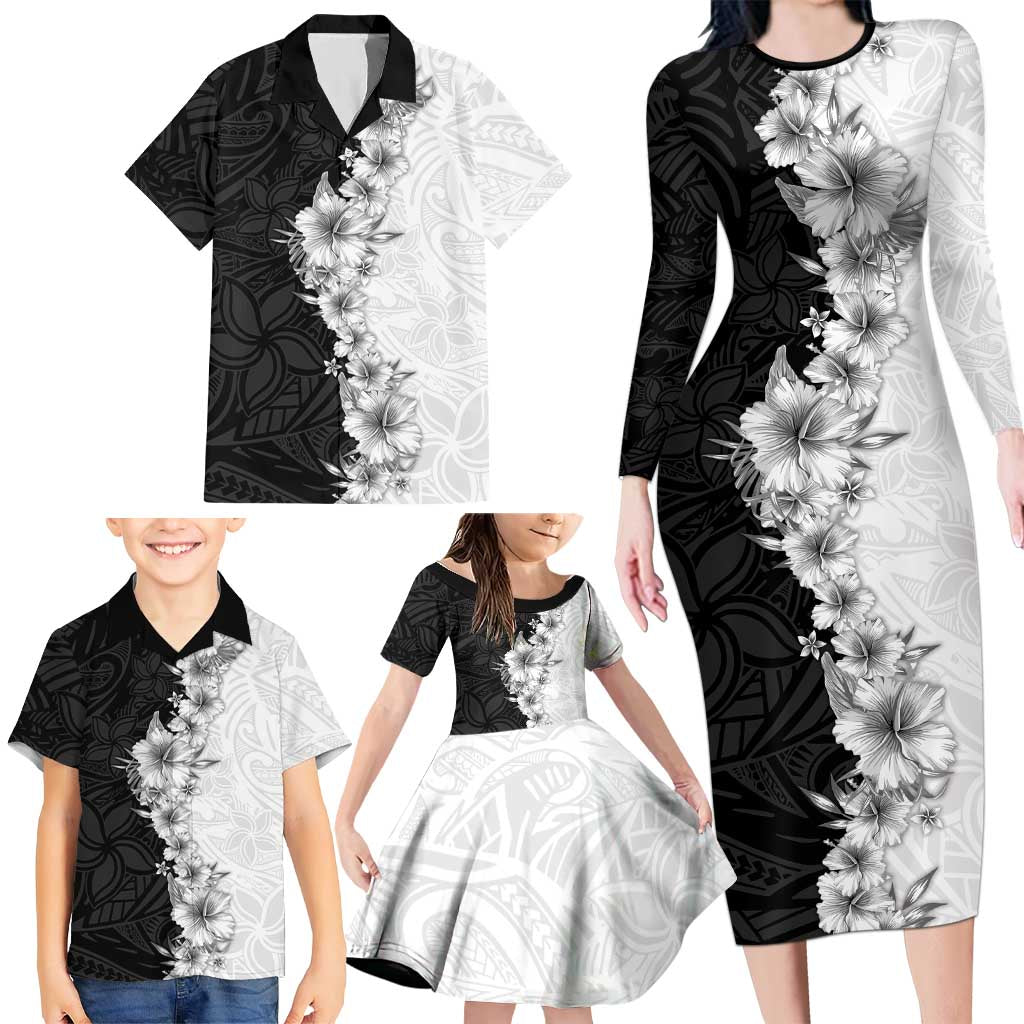 Hawaii Hibiscus Flowers Family Matching Long Sleeve Bodycon Dress and Hawaiian Shirt Grayscale Polynesian Pattern LT05 - Polynesian Pride