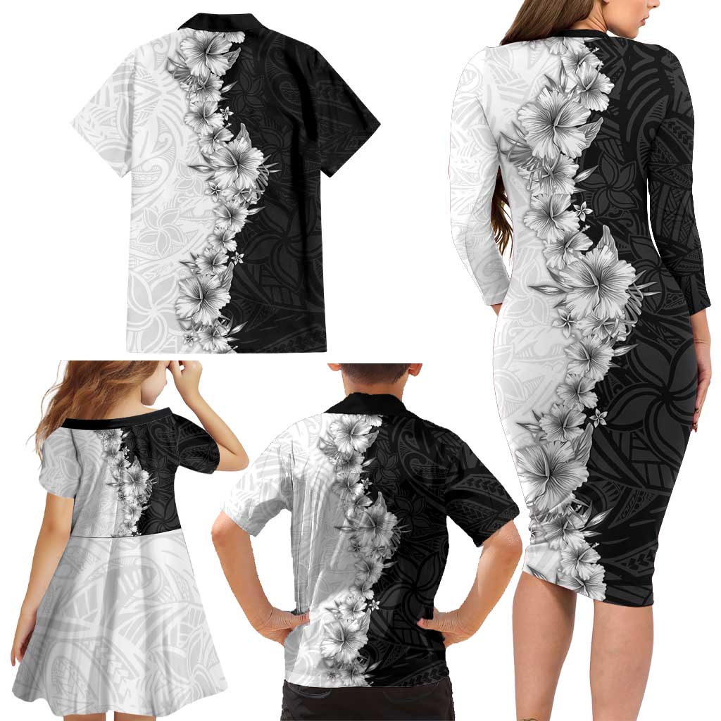 Hawaii Hibiscus Flowers Family Matching Long Sleeve Bodycon Dress and Hawaiian Shirt Grayscale Polynesian Pattern LT05 - Polynesian Pride