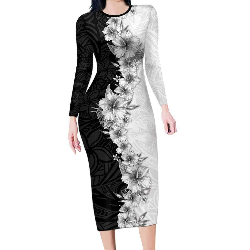 Hawaii Hibiscus Flowers Family Matching Long Sleeve Bodycon Dress and Hawaiian Shirt Grayscale Polynesian Pattern LT05 Mom's Dress Black - Polynesian Pride