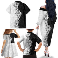 Hawaii Hibiscus Flowers Family Matching Off The Shoulder Long Sleeve Dress and Hawaiian Shirt Grayscale Polynesian Pattern LT05 - Polynesian Pride
