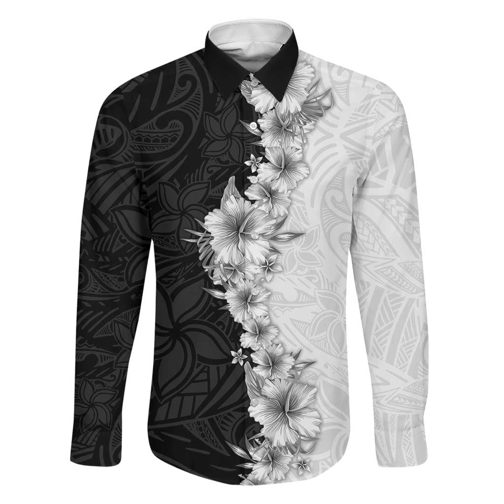 Hawaii Hibiscus Flowers Family Matching Off The Shoulder Long Sleeve Dress and Hawaiian Shirt Grayscale Polynesian Pattern LT05 Dad's Shirt - Long Sleeve Black - Polynesian Pride