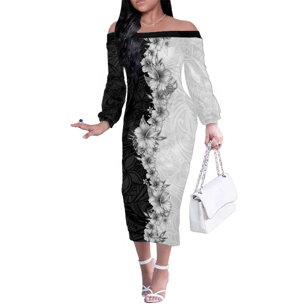 Hawaii Hibiscus Flowers Family Matching Off The Shoulder Long Sleeve Dress and Hawaiian Shirt Grayscale Polynesian Pattern LT05 Mom's Dress Black - Polynesian Pride