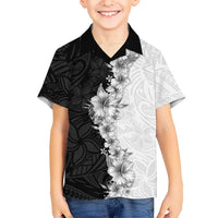 Hawaii Hibiscus Flowers Family Matching Off Shoulder Short Dress and Hawaiian Shirt Grayscale Polynesian Pattern LT05 Son's Shirt Black - Polynesian Pride