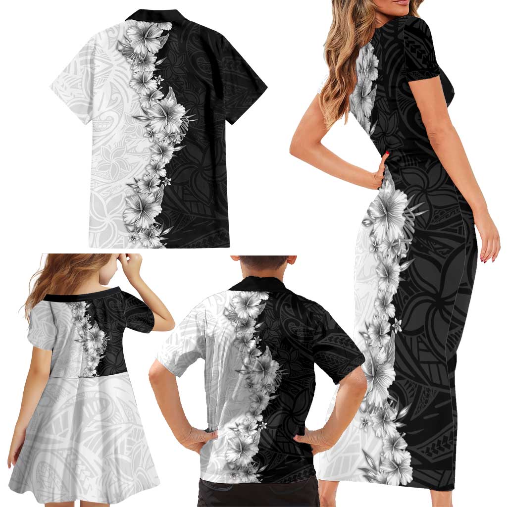 Hawaii Hibiscus Flowers Family Matching Short Sleeve Bodycon Dress and Hawaiian Shirt Grayscale Polynesian Pattern LT05 - Polynesian Pride