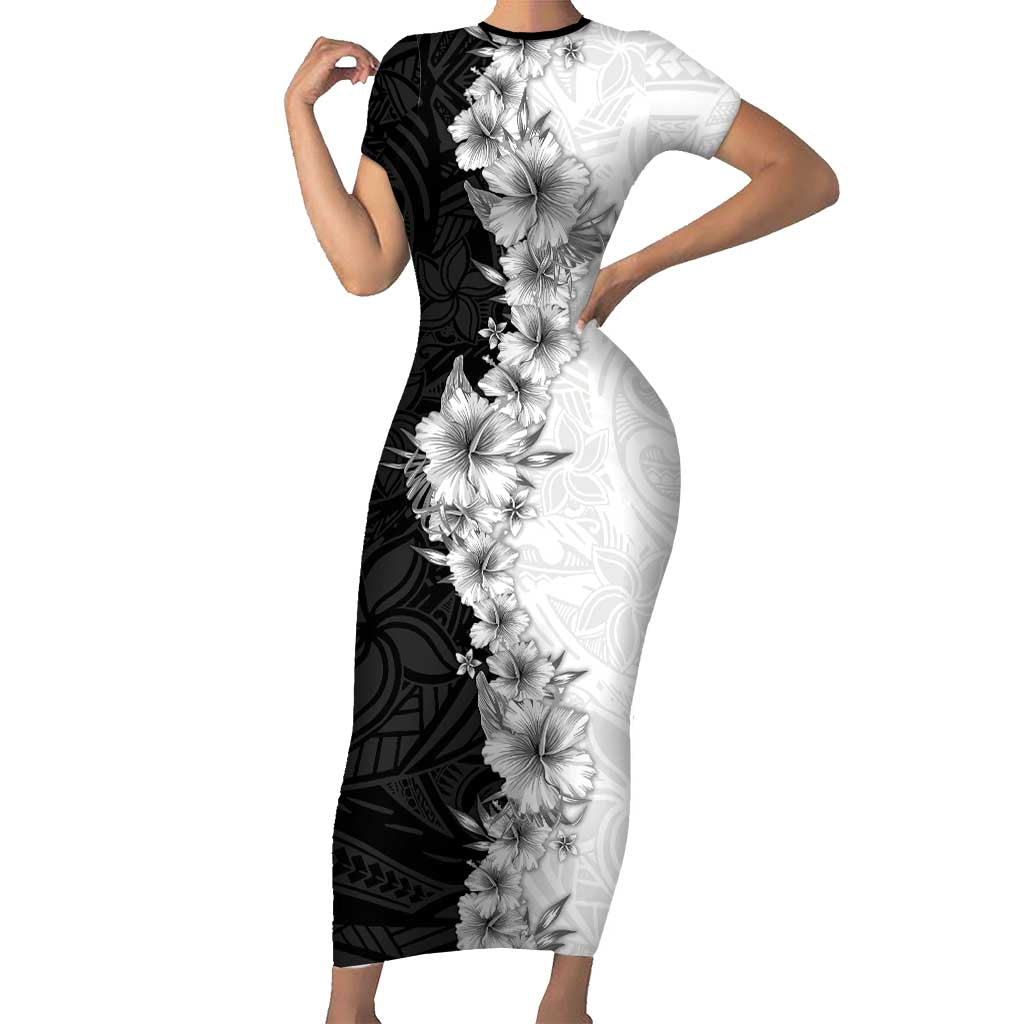 Hawaii Hibiscus Flowers Family Matching Short Sleeve Bodycon Dress and Hawaiian Shirt Grayscale Polynesian Pattern LT05 Mom's Dress Black - Polynesian Pride