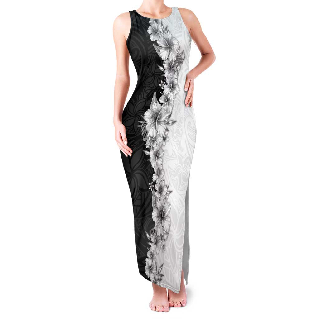 Hawaii Hibiscus Flowers Family Matching Tank Maxi Dress and Hawaiian Shirt Grayscale Polynesian Pattern LT05 Mom's Dress Black - Polynesian Pride