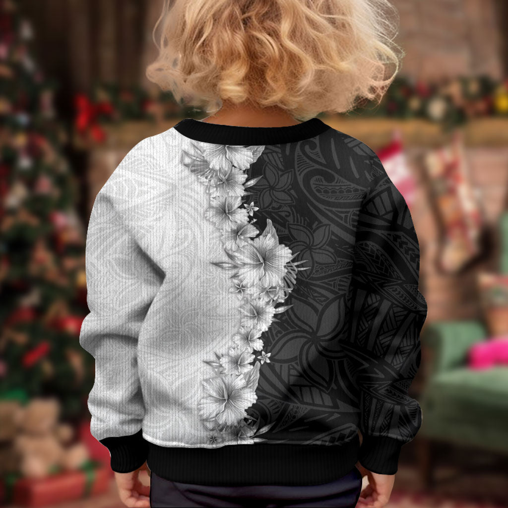 Hawaii Hibiscus Flowers Kid Ugly Christmas Sweater Grayscale Polynesian Pattern