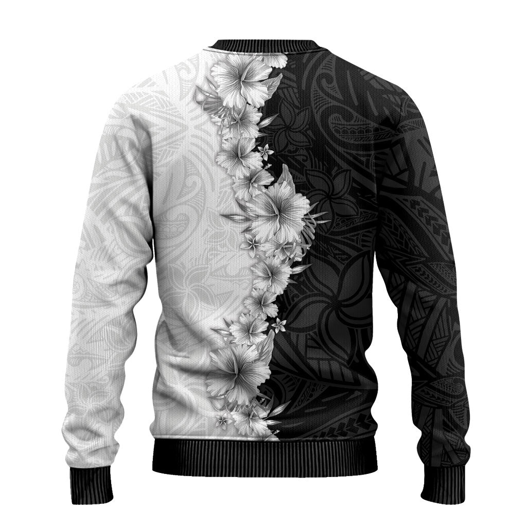 Hawaii Hibiscus Flowers Ugly Christmas Sweater Grayscale Polynesian Pattern