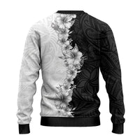 Hawaii Hibiscus Flowers Ugly Christmas Sweater Grayscale Polynesian Pattern
