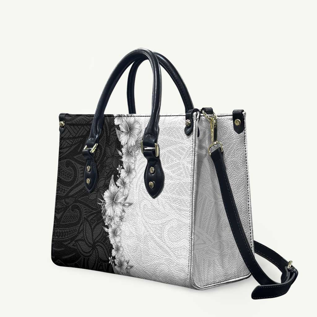 Hawaii Hibiscus Flowers Leather Bag Grayscale Polynesian Pattern LT05 Black - Polynesian Pride