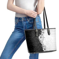 Hawaii Hibiscus Flowers Leather Tote Bag Grayscale Polynesian Pattern
