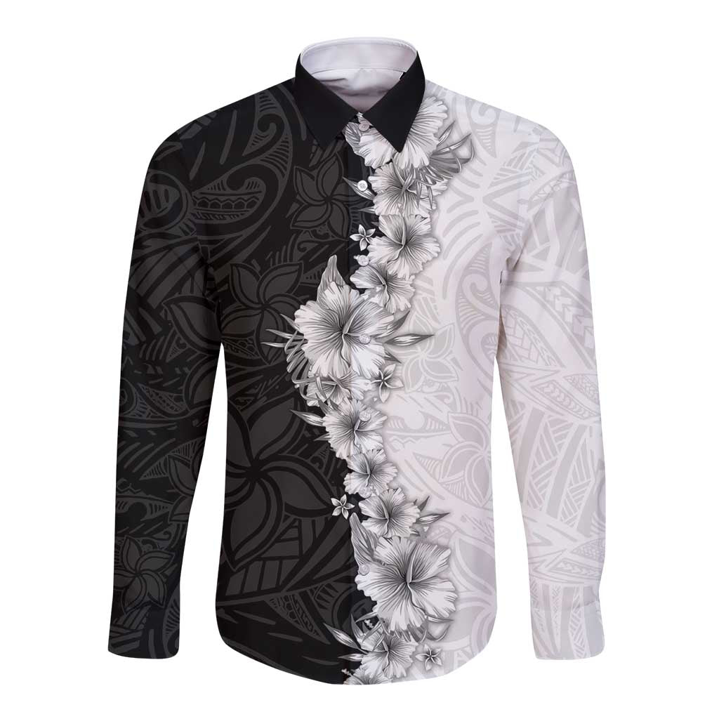 Hawaii Hibiscus Flowers Long Sleeve Button Shirt Grayscale Polynesian Pattern