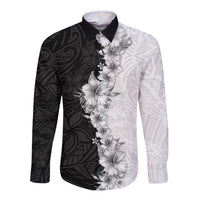 Hawaii Hibiscus Flowers Long Sleeve Button Shirt Grayscale Polynesian Pattern