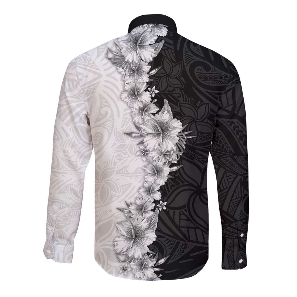 Hawaii Hibiscus Flowers Long Sleeve Button Shirt Grayscale Polynesian Pattern