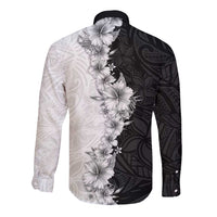 Hawaii Hibiscus Flowers Long Sleeve Button Shirt Grayscale Polynesian Pattern