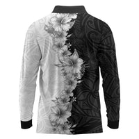 Hawaii Hibiscus Flowers Long Sleeve Polo Shirt Grayscale Polynesian Pattern