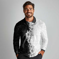 Hawaii Hibiscus Flowers Long Sleeve Polo Shirt Grayscale Polynesian Pattern
