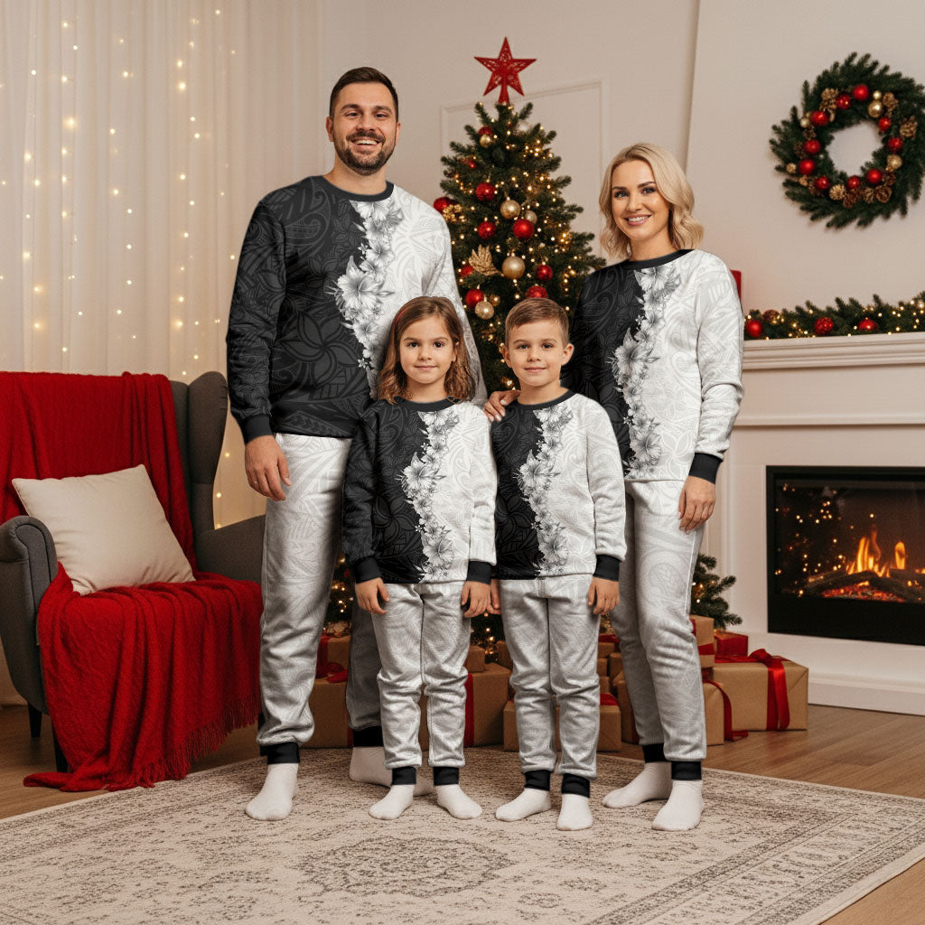 Hawaii Hibiscus Flowers Christmas Pajama Set Grayscale Polynesian Pattern