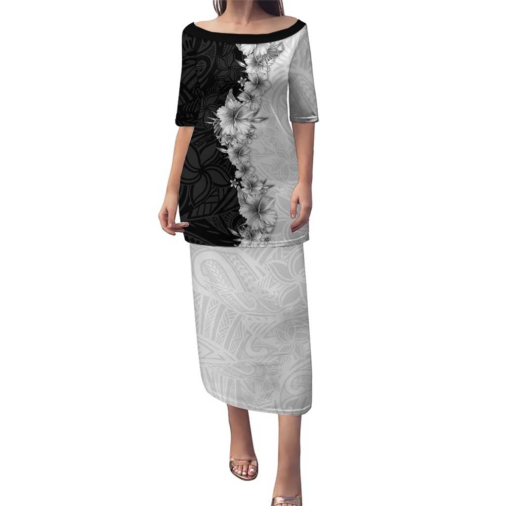 Hawaii Hibiscus Flowers Puletasi Grayscale Polynesian Pattern
