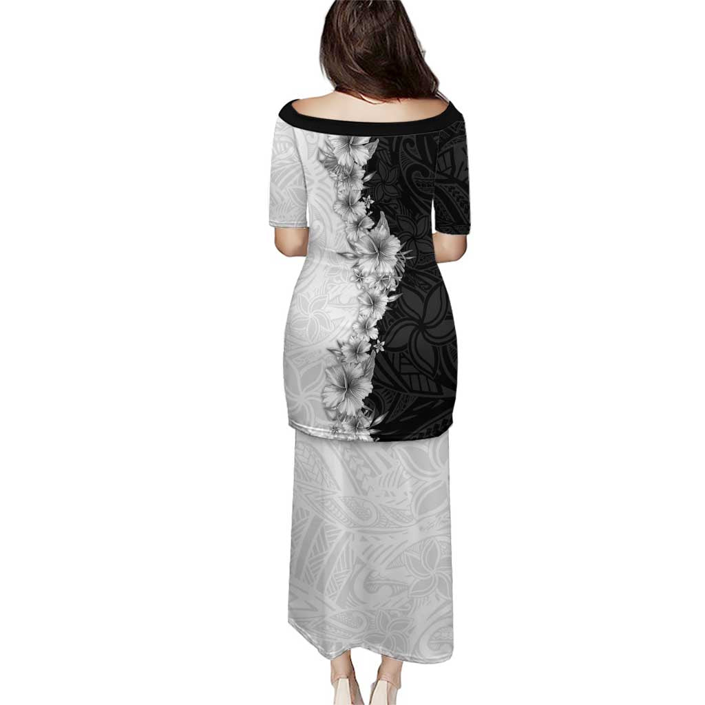 Hawaii Hibiscus Flowers Puletasi Grayscale Polynesian Pattern