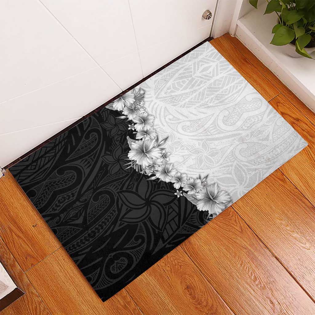 Hawaii Hibiscus Flowers Rubber Doormat Grayscale Polynesian Pattern