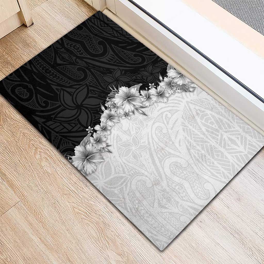 Hawaii Hibiscus Flowers Rubber Doormat Grayscale Polynesian Pattern