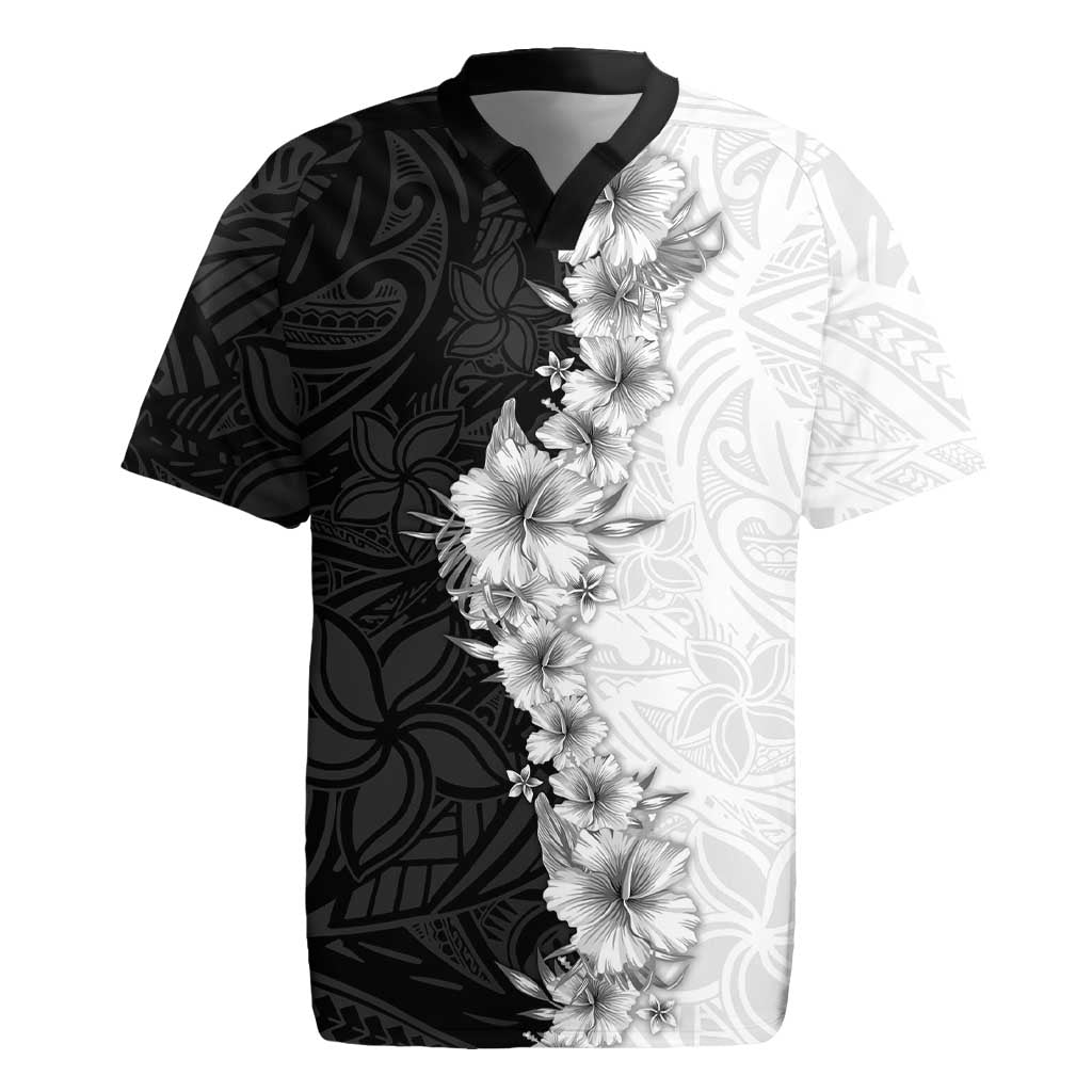 Hawaii Hibiscus Flowers Rugby Jersey Grayscale Polynesian Pattern