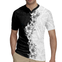 Hawaii Hibiscus Flowers Rugby Jersey Grayscale Polynesian Pattern