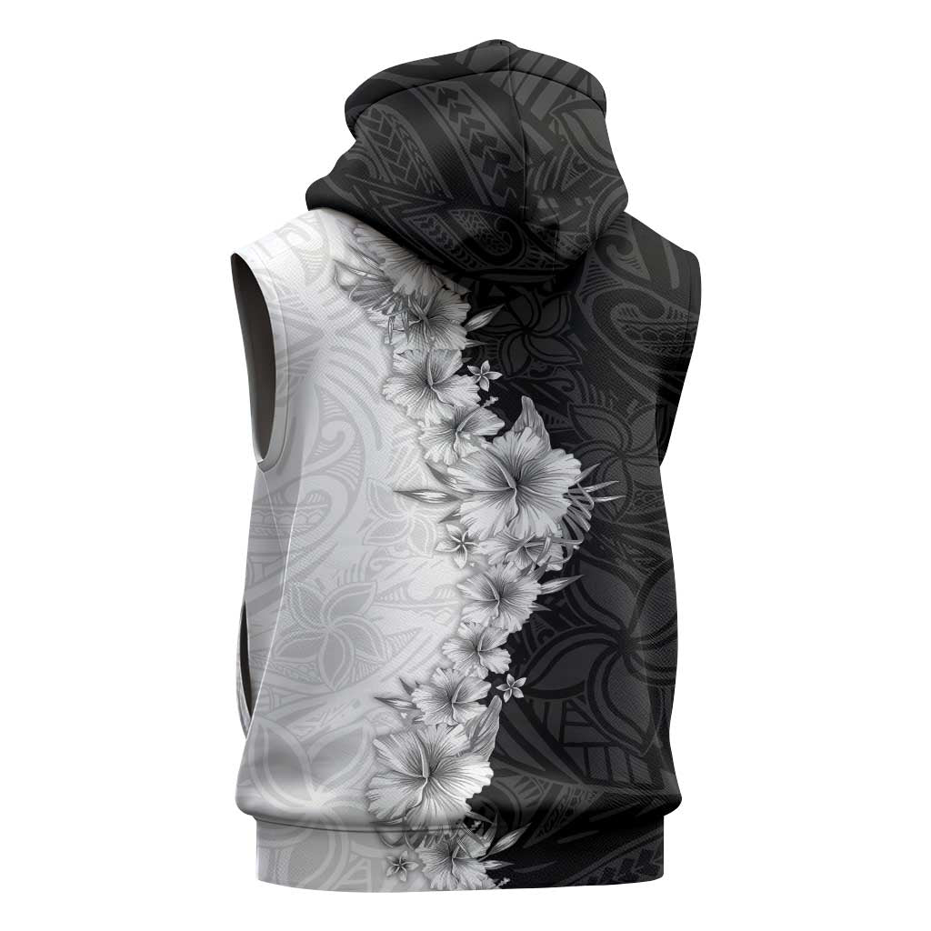 Hawaii Hibiscus Flowers Sleeveless Hoodie Grayscale Polynesian Pattern