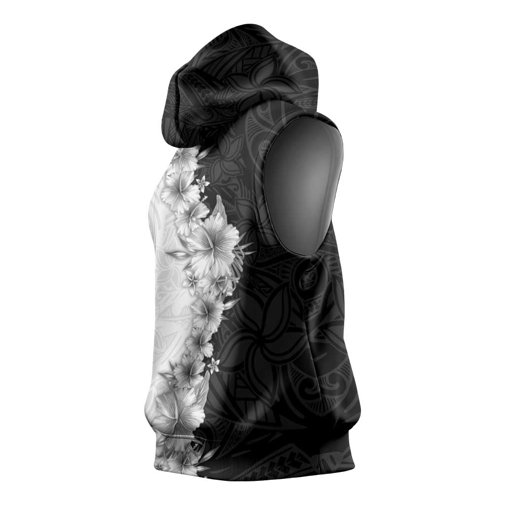 Hawaii Hibiscus Flowers Sleeveless Hoodie Grayscale Polynesian Pattern