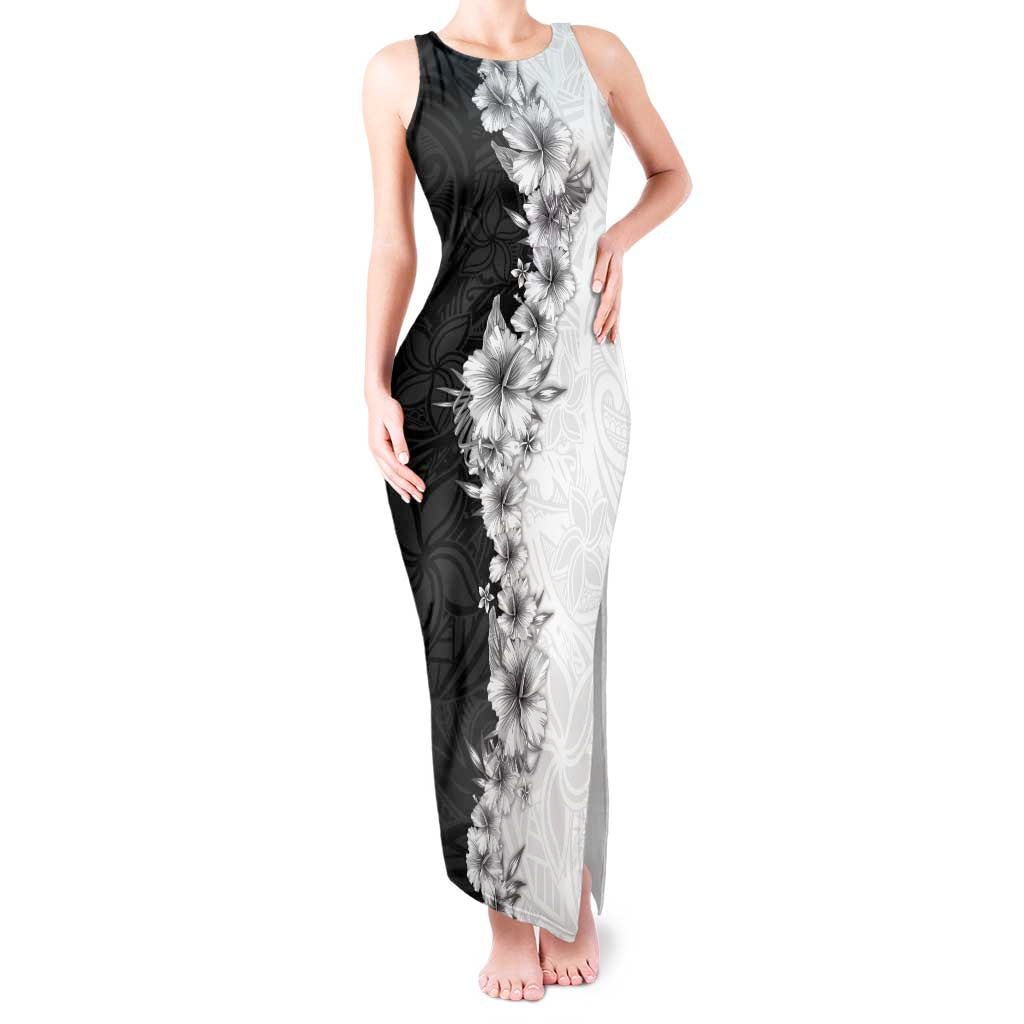 Hawaii Hibiscus Flowers Tank Maxi Dress Grayscale Polynesian Pattern LT05 Women Black - Polynesian Pride