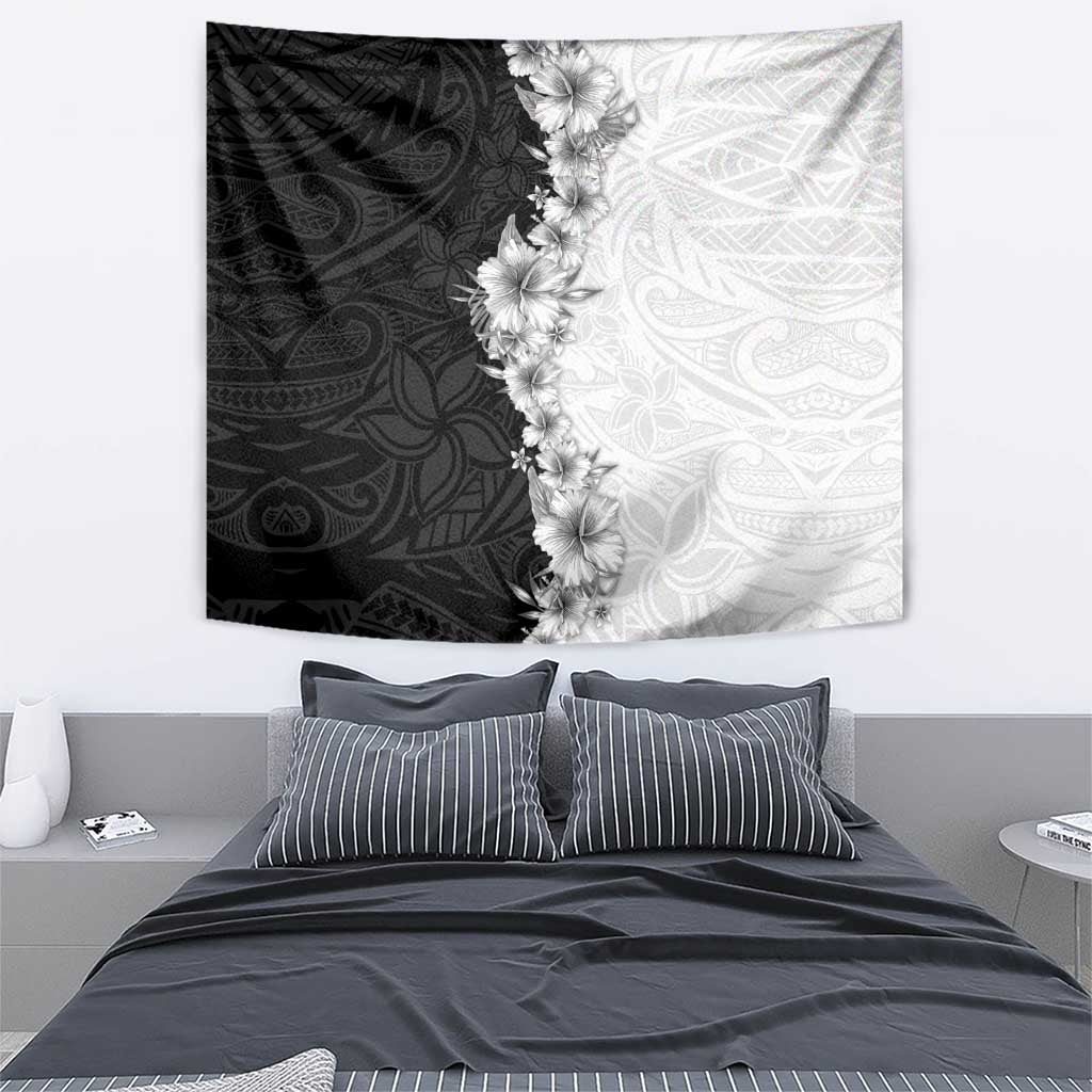 Hawaii Hibiscus Flowers Tapestry Grayscale Polynesian Pattern