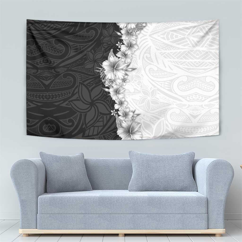 Hawaii Hibiscus Flowers Tapestry Grayscale Polynesian Pattern