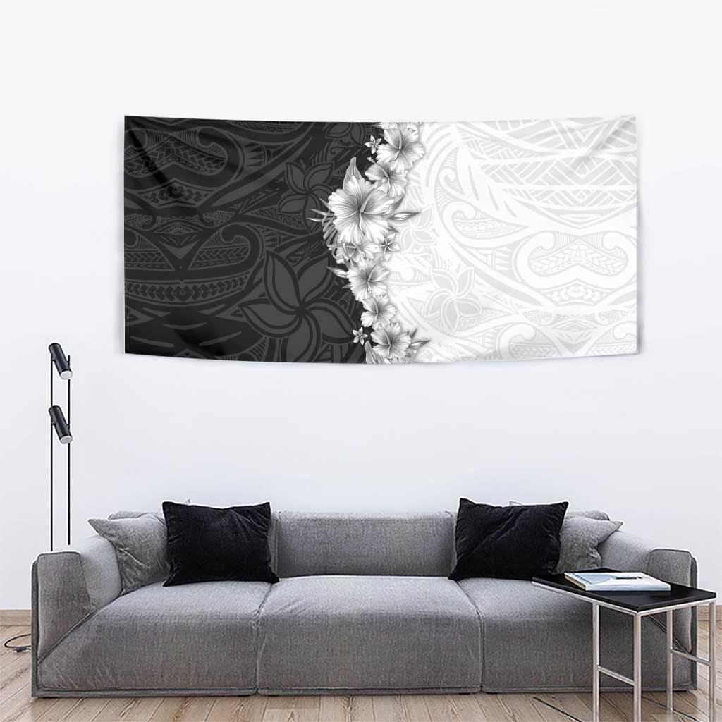 Hawaii Hibiscus Flowers Tapestry Grayscale Polynesian Pattern