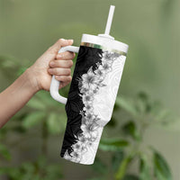 Hawaii Hibiscus Flowers Tumbler With Handle Grayscale Polynesian Pattern