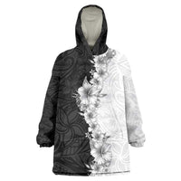 Hawaii Hibiscus Flowers Wearable Blanket Hoodie Grayscale Polynesian Pattern