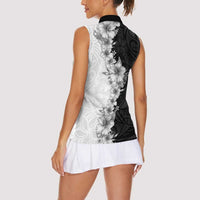 Hawaii Hibiscus Flowers Women Sleeveless Polo Shirt Grayscale Polynesian Pattern