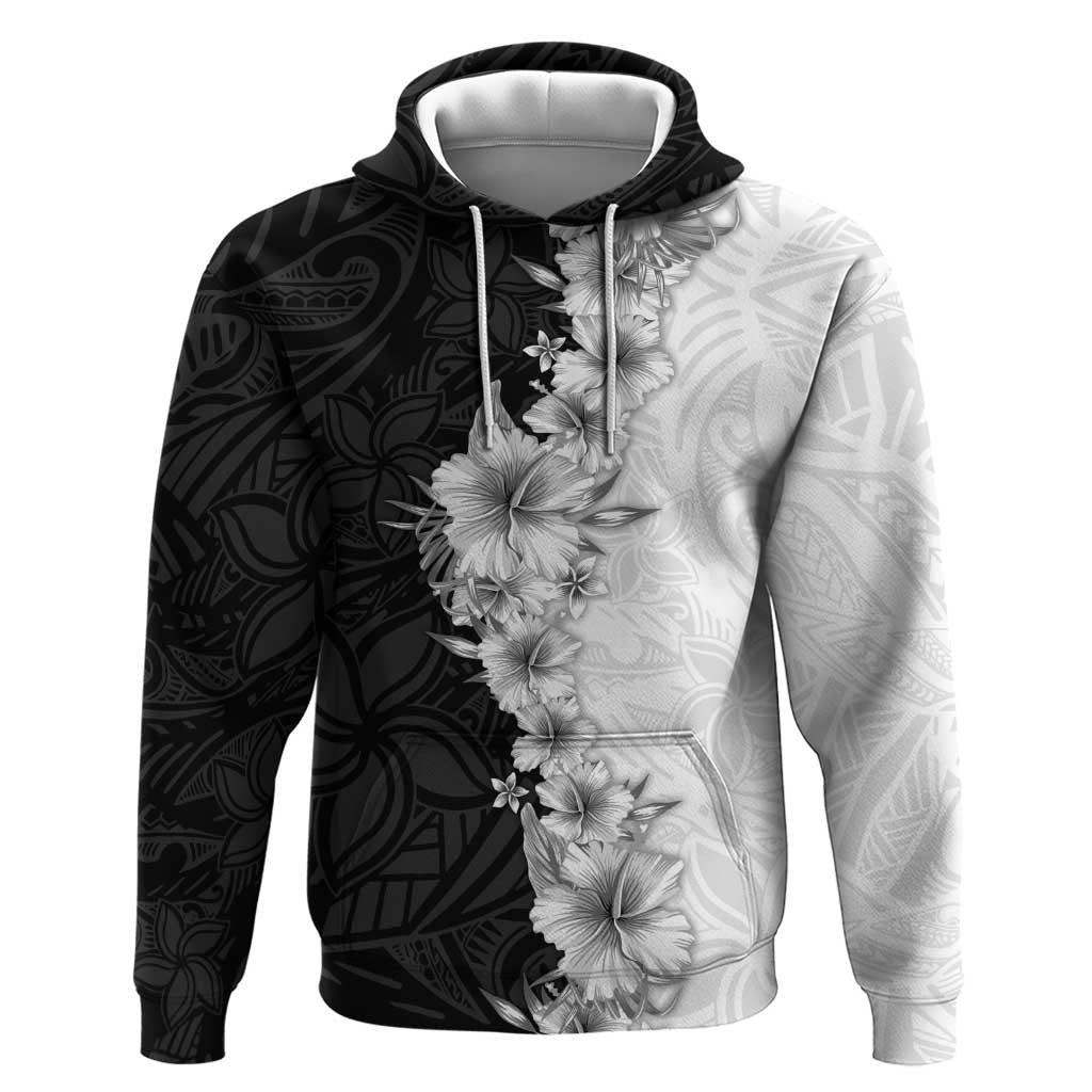 Hawaii Hibiscus Flowers Zip Hoodie Grayscale Polynesian Pattern LT05 Pullover Hoodie Black - Polynesian Pride