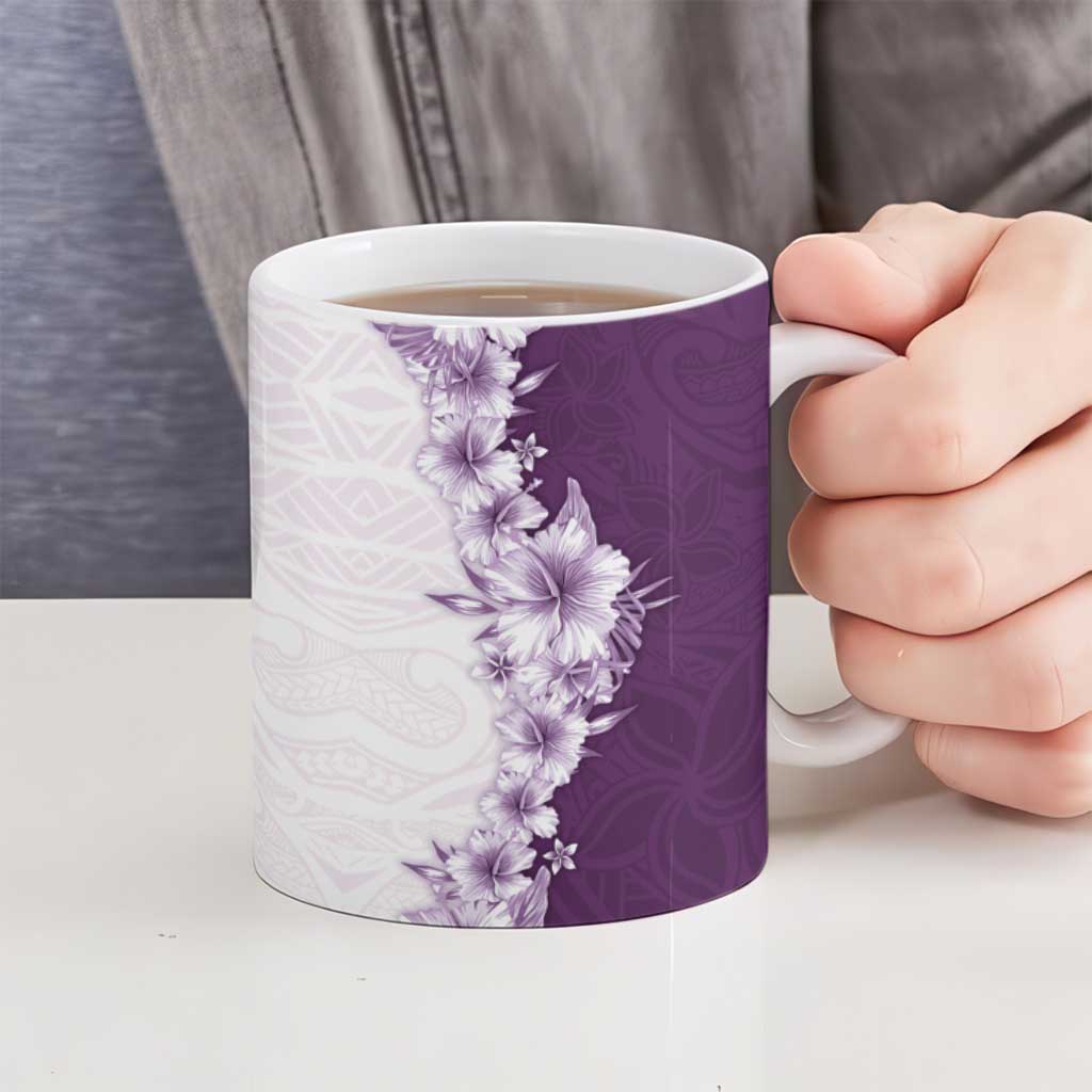 Hawaii Hibiscus Flowers Ceramic Mug Purple Polynesian Pattern